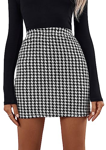 GORGLITTER Rock Damen Elegant Kurz Vintage Kariert Rock Figurbotent Minirock Hohe Taille Tanzrock Bleistiftrock Freizeitrock Festival Outfit Schwarz und Weiß XS