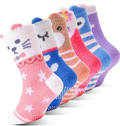 EBMORE Kids Fluffy Slipper Grip Socks for Girls Toddlers Non Slip Cosy Winter Thick Warm Hospital Bed Socks for Boys Girls Christmas Stocking Fillers 6 Pairs(Animal,1-3 T)