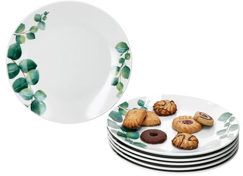 MamboCat Eucalipto Set di 6 piatti da torta, Ø 20,5 cm, piatti da dessert in porcellana bianca per 6 persone con decorazione vegetale verde, piccoli piatti per colazione, pranzo, caffè e pane da sera