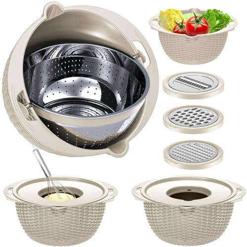 Balavina 4-1 Colander with Bowl Set - Rotatable Strainers for Kitchen, Food Strainers and Colanders, Pasta Strainer, Rice Strainer, Fruit Cleaner, Veggie Wash, Kitchen Gadget Essentials - Khaki