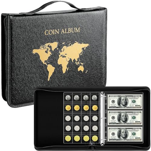 Ettonsun Coin Collection Book Holder for Collectors, 220 Large Pockets Coin Collecting Storage Album & 33 Sleeves Paper Money Display Case for Collectible Notes Currency Bill Coin Collection Supplies