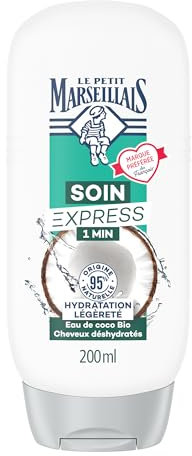 Le Petit Marseillais | Soin Express 1 Min Hydratation Légèreté Eau de Coco Bio (flacon de 200 ml) – Après-shampooing pour cheveux déshydratés – 95% d'ingrédients d'origine naturelle