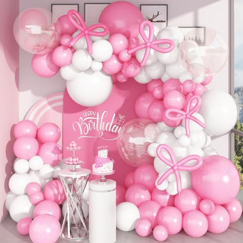 Pastel Pink and White Balloons Arch Kit 18 Inch*7 Clear Light Baby Pale Pink Bow Balloon Garland, 118 Pcs Macaron Long Balloon as Bow Decor for Girls Birthday Baby Shower Decoration