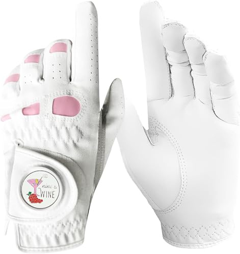 LOVMEAD Golf Handschuhe Damen Frauen Linke Hand Rechts mit Extra Mode Ball Marker 1-Pack, Leder Golf Handschuh für Links Rechtshänder Golfer Allwetter für Mädchen Verbesserter Grip Sport