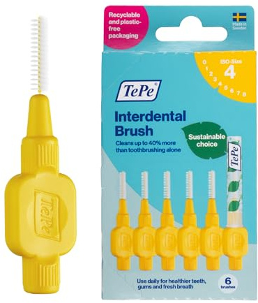 TePe Interdental Brush Original, Soft Dental Brush for Teeth Cleaning, Pack of 6, 0.7 mm, Medium Gaps, Yellow, Size 4