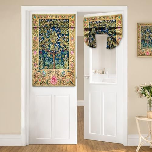 William Morris Tree of Life Door Window Curtains for French Glass Door, Privacy Thermal Insulated Tie Up Shades, Vintage Flower Small Window Curtains 26 x 40 inch