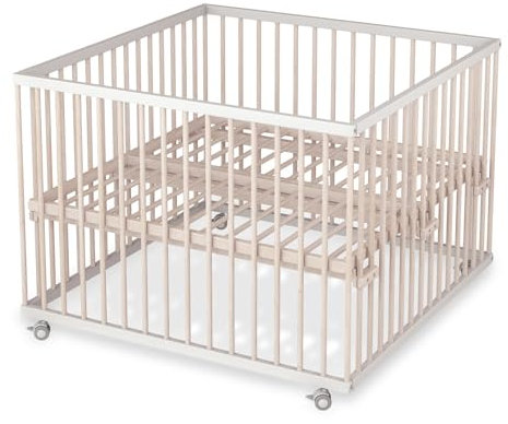Sämann Laufstall Baby mit Lattenrost | stufenlos höhenverstellbar | Laufgitter Premium | Babybett aus Holz | Krabbelgitter (weiß/natur, 120x120 cm)