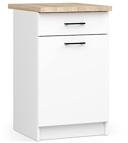 AKORD Küchen-Unterschrank OLIWIA 50 cm | mit 1 Tür und 1 Schublade | Küchenschränke | Geräumig | Für eine kleine Küche | Für eine Küchenzeile | B50 x H85 x T46 cm | Gewicht 27,40 kg | Weiß/Weiß