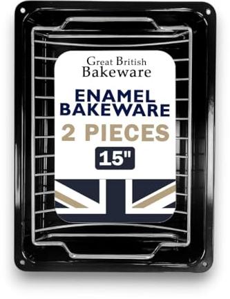Great British Bakeware 37cm Vitreous Enamel 37cm Roasting Tin with Grill Rack, Large Grill Pan, Turkey Roaster, Roasting Tray, Roaster with Rack, Made in England, Scratch Resistant