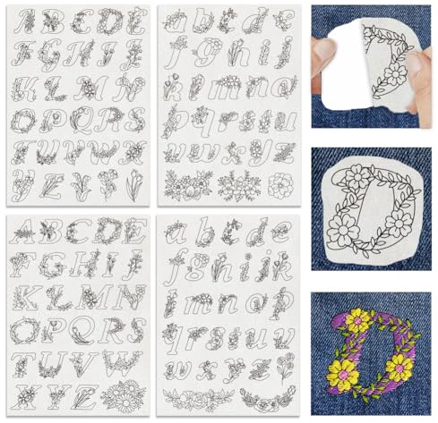 INFUNLY 114 Stück AZ Buchstaben Blumen Wasserlösliche Nähstabilisatoren Für Die Hand Alphabet Selbstklebende Stickmuster Abreißbare Stickstabilisatoren Stick Und Stichtransfers Mit Vorgedruckten
