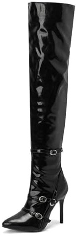 HQINGAXU Women's Heeled Over The Knee Boots Patent Leather PU Stiletto Heel Sexy Fashion Dress Side Zipper Riding Boots Pointed Toe Winter Thigh High Boots Buckle Long Boot,Black,13 UK