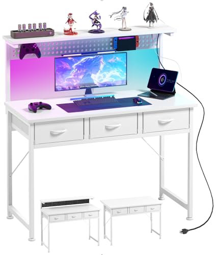 Flrrtenv Gaming Desk with Pegboard, Computer Desk with Adjustable LED Light, Home Office Small Desks with Drawers to Organizer, Adjustable Monitor Rise Stand and Charging Station, White