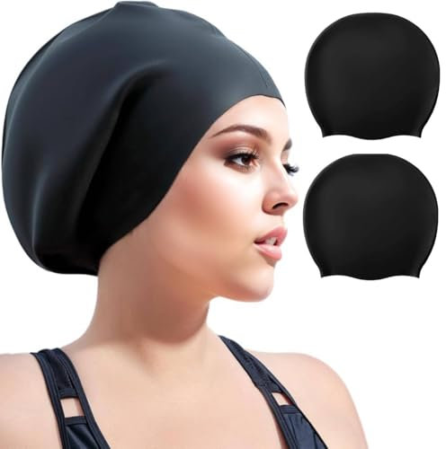 OMBRISA Badekappe für Lange Haare 2Pcs, Extra Große Silikon Badehaube für Schwimmer, Bademütze Design für Frauen und Männer – Einfaches An- und Ausziehen (Schwarz+Schwarz)