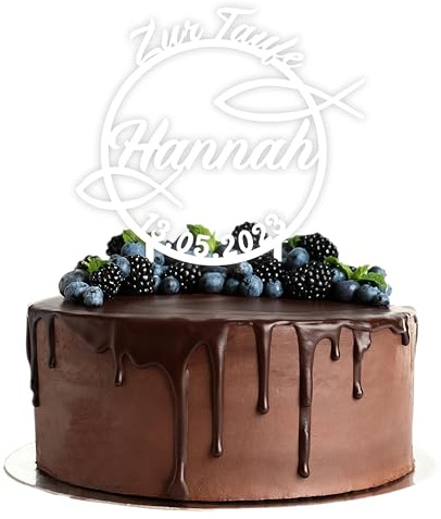 Acryl Cake Topper mit Wunschtext zur Taufe | personalisiert mit Namen und Datum | Tortenstecker Kuchendeko | weiß | Kuchendekoration und Tortenschmuck 100% Made in Germany