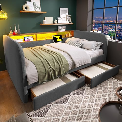 Polsterbett 140x190 mit LED&USB Ladefunktion, Daybett mit 2 Schubladen & Stauraum-Kopfteil, Sofabett Jugendbett Bettgestell mit Lattenrost, Tagesbett Schlafsofa Gästebett, Leinen, ohne Matratze, Grau