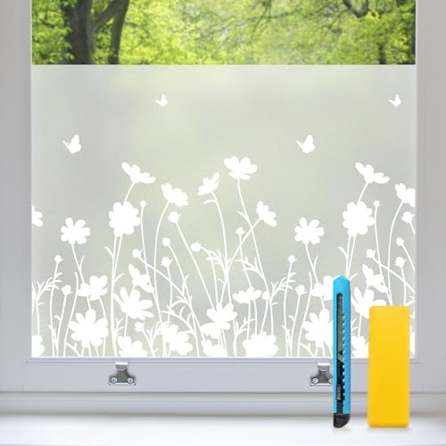 Zindoo Fensterfolie Blickdicht Milchglasfolie Blumen Sichtschutz 90x200cm | Statisch Haftend ohne Kleber, UV-Schutz, Rückstandslos Entfernbar, ideal für Bad, Küche, Büro, Wohnzimmer und Umkleide