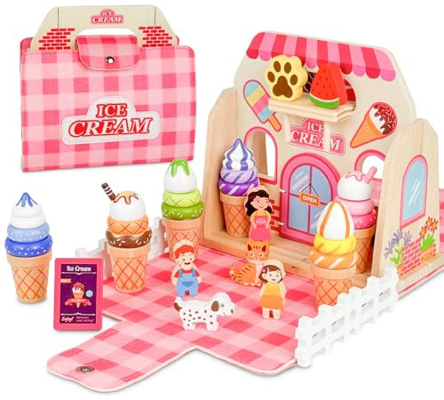 Bibykivn Eisdiele Kinder Holz, 39 Stück Kinderküche Zubehör, Montessori Spielzeug, Eisladen Kinder Rollenspiele Geschenk, Kaufmannsladen Zubehör für 3 4 Jahre Mädchen Junge
