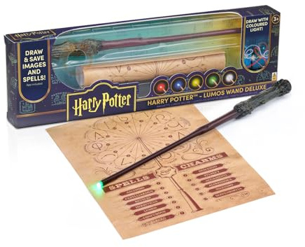 WOW! STUFF Harry Potter Baguette magique lumineuse Harry Potter Réplique du film en résine avec changement de couleur LED Application et tableau magique inclus Taille env. 35, cm Fonctionne avec piles