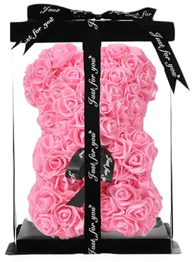 PACKEO Rosenbär 25 cm mit Geschenkbox – Bär aus Kunstrosen/Schaumrosen Freundin, Valentinstag, Muttertag, Geburtstag, Dekoration, handgemacht (Rosa)