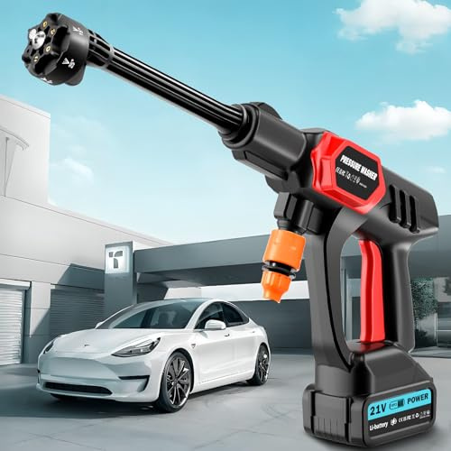 Viugreum 21V Limpiador de Alta Presión Portátil, Limpiador de Alta Presión Inalámbrico, 1500W con 2 Boquillas, Manguera de 5m, 2 Baterías, Kits de Limpieza a Chorro para el Suelo del Coch
