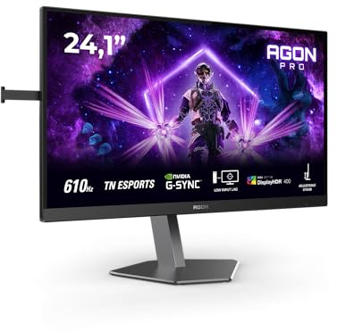 AOC Agon AG246FK6 24 Inch FHD Gaming Monitor, 610Hz, TN Esports, 0.5ms GtG, Adaptive Sync, HDR400, Height Adjustment, G-Sync Comp., (1920x1080,HDMI 2X 2.1,DP 1x 1.4 USB Hub) Black/Grey