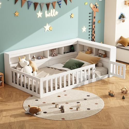 LAKFEW Bodenbett 90x200 cm Kinderbett mit Rausfallschutz und USB-Anschluss, Bett mit Stauraum Staufach, Jugendbett Holzbett mit Lattenrost, Kinderzimmer Möbel, Ohne Matratze, Weiß