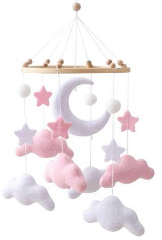 Kinderwagen Spielzeug, Babyglocke Mobile Für Babybett, Babyzimmer-Deko Zum Aufhängen, Mond, Stern, Wolke Aufhängen Filz, Babygeschenk(Rosa)