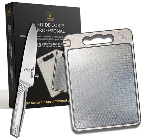 HOMSENT Tabla de Cortar 2 Caras Acero Inoxidable 304 – Set Premium con Cuchillo Chef 8”y App de Recetas IA. Superficie Higiénica No Porosa, Afilador Integrado, Antideslizante. Regalo Ideal Cocina