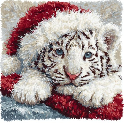 Taxpy Knüpf Sets Knüpfkissen Zum Selber Knüpfen Knüpfteppiche Kleiner Weißer Tiger Mit Weihnachtsmütze,43X43Cm/17X17In Diy Kissen Kissenbezug Kreuzstich Latch Hook Kit Handwerk Handarbeiten Erwach