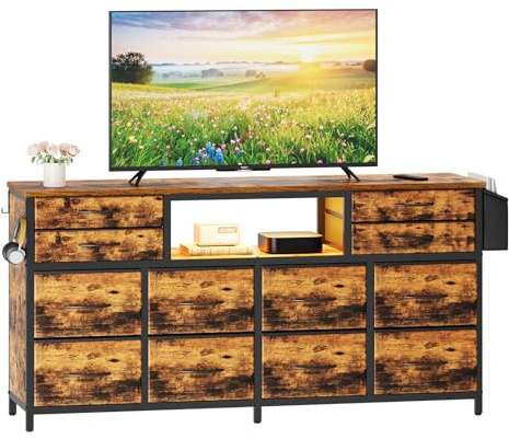 Dripex Mueble bajo para televisión con estante para televisores de hasta 65 pulgadas con 12 cajones, bolsa de almacenamiento y estantes abiertos con iluminación LED RGB estilo industrial, 140 x 35 x