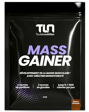 MASS GAINER | Gainer Prise de Masse Musculation | Créatine | +1200 kcal par jour | Protéines Whey & Caséine + Glucides Avoine & Maltodextrine + MCT | 20 Portions par Doypack de 2 kg | Chocolat | TLN
