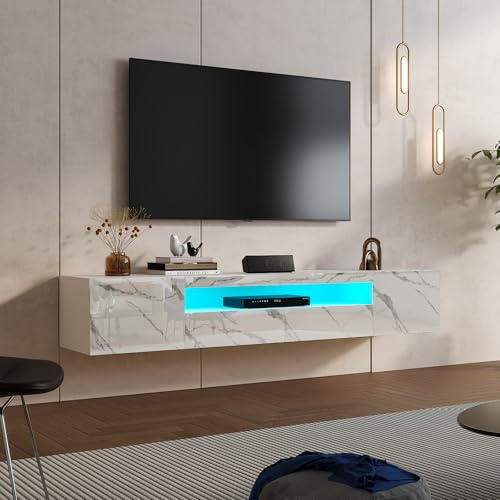 KEEPREAPER TV-Schrank Lowboard 180cm Hochglanz mit LED Weiß marmor | Fernsehtisch hängend, hängender TV-Schrank, Fernsehschrank für Fernseher bis zu 85 Zoll, für Wohnzimmer
