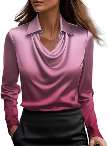 Chemisier Femme Chic et Élégant Chemisier Satin Tunique Col Drape Blouse Couleur Unie Chemises Blouses Mode Vetement Funky Haut Décontracté Shirt Manches Longues Chemisiers Business Top