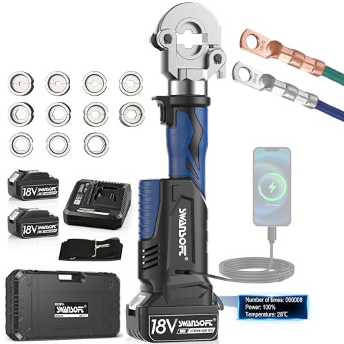 SWANSOFT Engrapadora Hidráulica a Batería de 6 Toneladas, 16mm²-300mm² Herramienta de Engrape Continuo para Terminales de Cables de Cu/Al con 11 Matrices (600B)