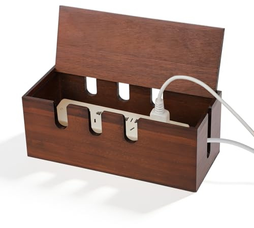Kabelbox Holz, Kabelmanagement Box mit Seitlichen Zugängen Kabel Organizer Box mit Deckel, Kabel Verstecken Box zum Verstauen von Steckdosenleisten Ladeadaptern Kabel Verstecken Schutz (Walnuss)