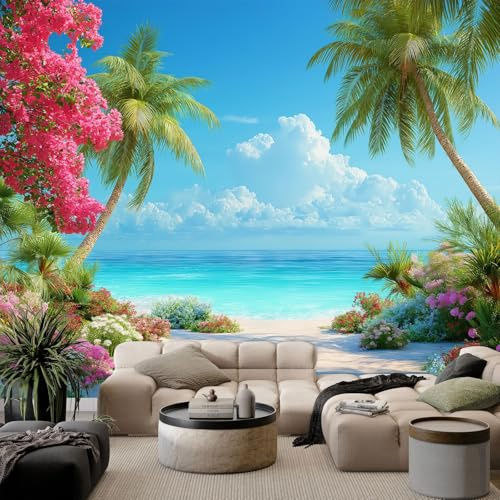Générique 3D Panoramique Murale Plages palmiers et fleurs 300x210 cm Premium Papier Peint Intissé Pour Salon Chambre Enfant Chambre Décoration Murale Moderne Poster Tableaux Photo Muraux