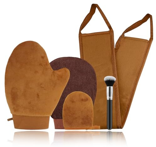 5 Piezas Kit de Aplicadores de Bronceado Automático, Kit de Autobronceado con Guante, Aplicador Espalda, Brocha Facial, Dedal, Manopla Exfoliante, Marrón