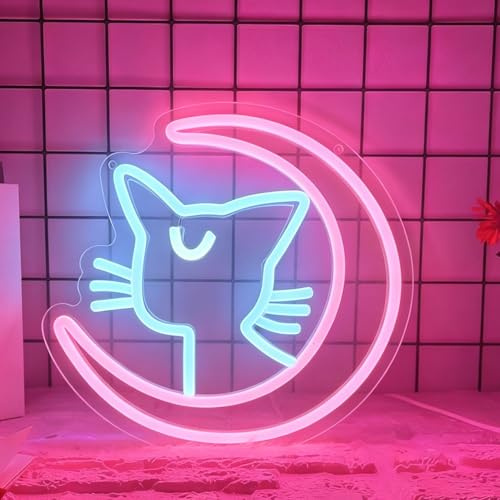 Moon Cat Neon Schild, LED Blau Rosa Anime Katze Neon Sign für Wand Deko, Dimmbare Neonlicht USB Power für Kinderzimmer Spielzimmer Schlafzimmer Home Büros Hochzeit Geburtstag Party