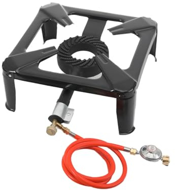 Fornellone a Gas da Esterno in Ghisa 4 Piedi con Valvola Regolatore Gas, Fornello a Gas 9.8KW da Campeggio Portatile con Tubo da 155cm per Cucina, Campeggio, Giardino e Barbecue
