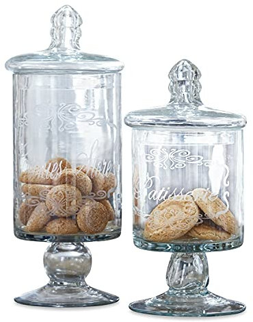 LOBERON Dose Suzie 2er Set | Deko Vorratsdosen Mit Deckel & Gravur | Für Süßigkeiten & Lebensmittel | Mundgeblasenes Glas | 2 Dosen | 27 & 23 cm, klar