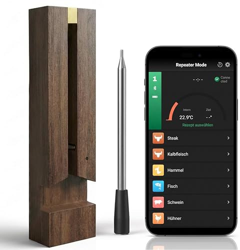 Fleischthermometer Kabellos Grillthermometer Bluetooth mit App für Backofen Bratenthermometer Funk
