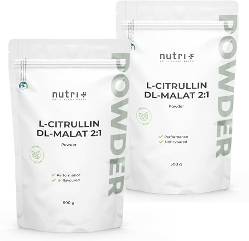 Nutri + L-Citrullin Pulver 1 kg hochdosiert - L-Citrullin Malate Pulver vegan + rein - Bodybuilding Fitness Booster - Malate DL 2:1 Powder 1000 g