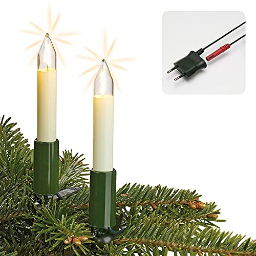 hellum LED Lichterkette Weihnachtsbaum Made-in-Germany Christbaumbeleuchtung Kerzen Lichterkette innen mit Clip, 15 warm-weiße LED-Filament, beleuchtet 980cm, Kabel grün, für Innen mit Stecker 802078