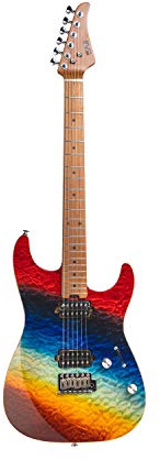 EART 6- saitige Solid-Body-E-Gitarre, Dual Pickups, Tremolo-System, rechts, Regenbogenfarben, Griffbrett aus geröstetem Ahorn