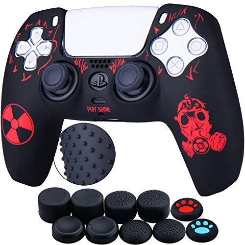 Yorha Hintere Punkte Carving Silikon Hülle Abdeckungs Haut Kasten für PS5 Controller x 1 (Strahlung Rot) mit Pro Aufsätze Thumb Grips x 10