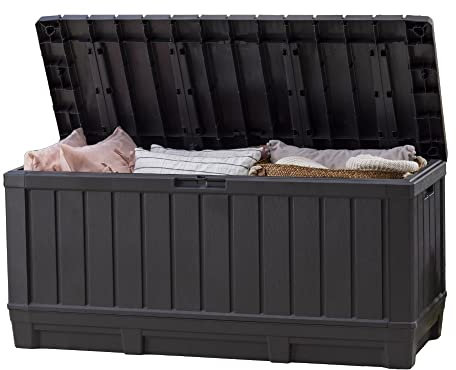 Keter Kentwood 90 Gallon Resin Deck Box-Organization and Storage for Patio Furniture Outdoor Cushions, Throw Pillows, Garden Tools and Pool Toys, Graphite