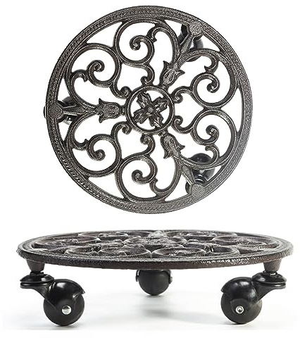 Sungmor Heavy Duty Cast Iron Plant Caddy, Set of 2 & 11 Inch Round Potted Plant Stand Flower Pot Rack on 3 Solid Wheels, Indoor Outdoor Planter Holder Trolley Casters Rolling Tray