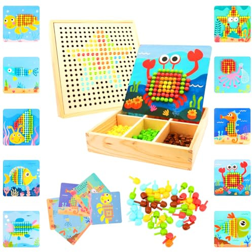 RANJIMA Mosaik Steckspiel Bastelset für Kinder Ab 3-5 Jahre - Pegboard Mit 240 Steckperlen, 10 Bilder - Montessori Spielzeug Geschenke für Mädchen Jungen - Bauernhof-Thema