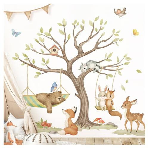 DEKO KINDERZIMMER Wandtattoo Waldtiere Baum Wandsticker für Babyzimmer Bär Fuchs REH Wandaufkleber Kinderzimmer Schlafzimmer Wanddeko DK1134-05