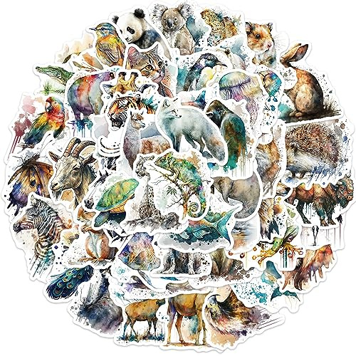 Affoto Wasserfarben Tiere Aufkleber für Laptop (50PCS),Geschenk für Kinder Jugendliche Erwachsene Jungen,Tiere Stickers Wasserdicht Vinyl Aufkleber für Scrapbook,Skateboard,Auto,Gepäck